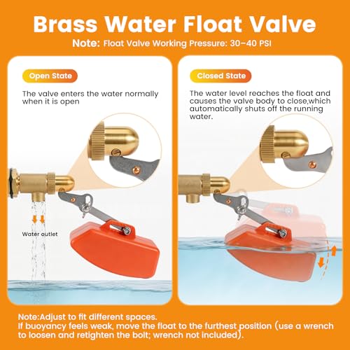 2 Pack Brass Float Valve 3/4 Inch, Auto Water Level Control, No leakage | Water Float Valve with Adjustable Arm, Auto Shut off Pool Pond Float Ball Valve for Trough,Fountains,Water Tank,Aquariums - color: 3/4 in Orange