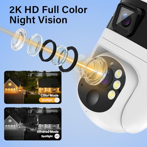Security Camera Wireless Outdoor: Dual-Lens Solar Camera Outdoor/Home/Dome, 360° Live View, WiFi Camera Home Surveillance with 2K Full Color Night Vision,2-Way Audio，PIR Motion - style: Wi-Fi