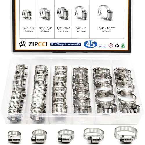 ZIPCCI Hose Clamp Assortment, 45 Pack Stainless Steel Hose Clamps Kit Worm Gear Fuel Line Pipe Clamps (1/4 in to 1-1/8 in) - size: 6-29mm (1/4-1-1/8 inch)