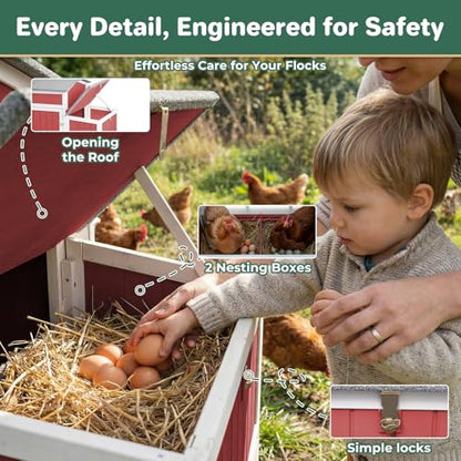 Large Chicken Coop with Run for 6-12 Chickens, Mobile Outdoor Hen House Chicken Tractor with Wheels, Wooden Poultry Cage Full Asphalt Roof, Nesting Box, Pull-Out Tray & Fun Swing 165.4" L - color: Red
