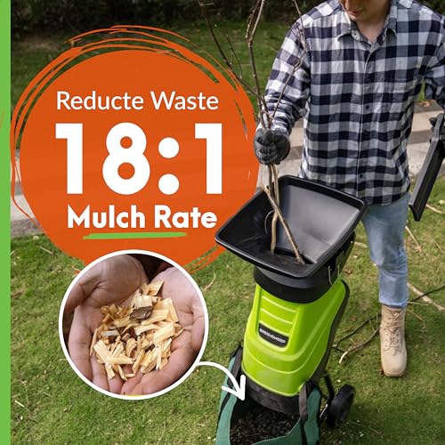 GreenSweep Electric Wood Chipper & Mulcher – 15A Powerful Garden Chipper for Branches, Sticks & Yard Waste – Compact, Quiet & Easy to Use with Collection Bag - color: Dark Green