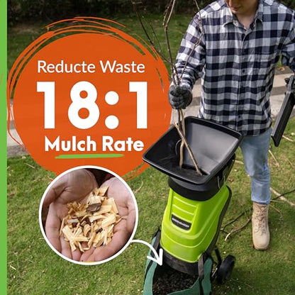 GreenSweep Electric Wood Chipper & Mulcher – 15A Powerful Garden Chipper for Branches, Sticks & Yard Waste – Compact, Quiet & Easy to Use with Collection Bag - color: Dark Green