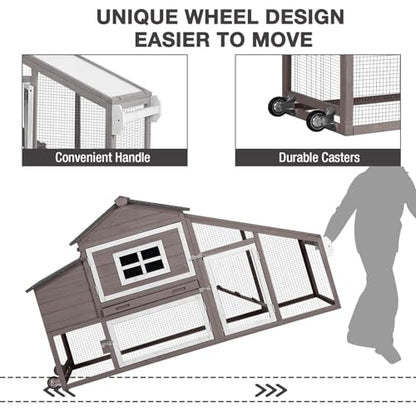 Large Wooden Chicken Coop Mobile Poultry Cage Hen House with Wheels, Nesting Box, Leakproof Pull-Out Tray, Weatherproof Roof for 3-5 Chickens, 72.3" L x 26" W x 39.4" H (Brown)