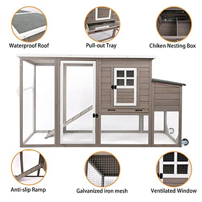 PetsCosset 75" Wooden Chicken Coop with Run and Wheels for 1–4 Chickens, Backyard Hen House with Nesting Box, Removable Tray, Ramp & Weather-Resistant Roof, Grey - color: Chicken Coop large-Grey, size: 75.0"L x 26.0"W x 39.0"H