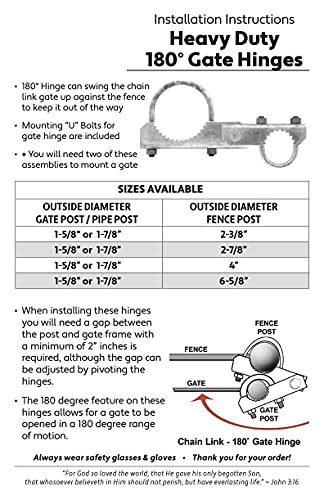 Chain Link Fence 180 Degree Commercial Duty Gate Hinge-for 2-3/8" Outside Diameter Gate Post/Pipe & 1-5/8 Thru 1-7/8" Gate Frame. Chain Link Post Gate Hinge - Hinge U Bolts Included - 1 Hinge Assy. - size: 2-3/8" Post - Each