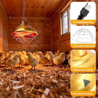 Chicken Heat Lamp,350W Chicken Coop Heater with Carbon Fiber Bulb, Two-Temperature Adjustable and 5.2FT Thickened Power Cord,Winter Hanging Heat Lamp for Chicks,Pets and Poultry