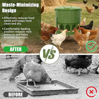 Metal Chicken Feeder No Waste, 20 Lbs Large Automatic Chicken Feeder with 12 Ports, Adjustable Height Poultry Feeder with Lid & Handle, Rat Proof Rust Proof Feed Box for Poultry & Backyard Chickens