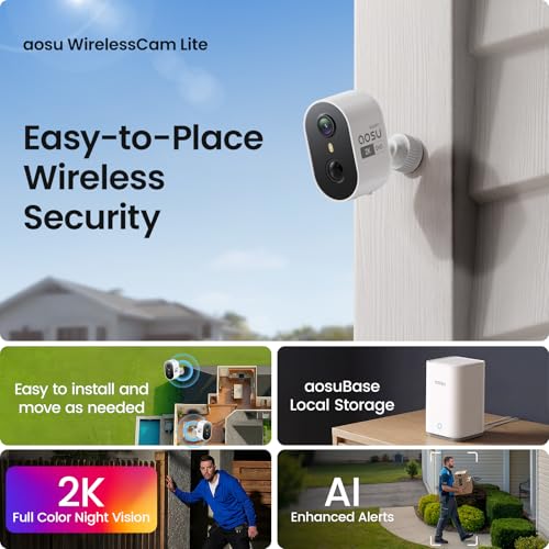 aosu Wireless Outdoor Security Camera Kit with aosuBase Local Storage, 2K with 6X Zoom, 4-View Live, Cross-Camera Person Timeline, PIR + AI Human Detection, Color Night Vision, 4-Cam-Kit