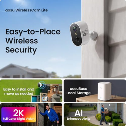 aosu Wireless Outdoor Security Camera Kit with aosuBase Local Storage, 2K with 6X Zoom, 4-View Live, Cross-Camera Person Timeline, PIR + AI Human Detection, Color Night Vision, 4-Cam-Kit