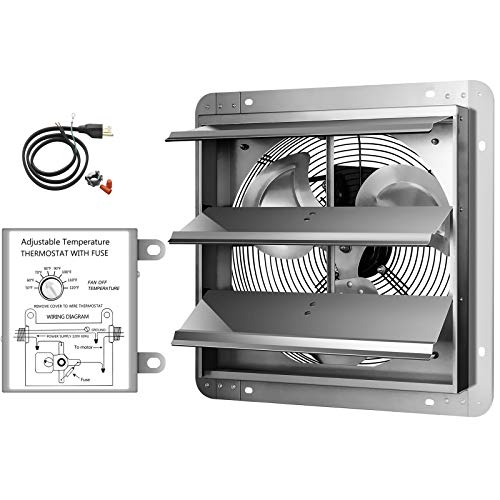 iPower 14 Inch Wall Mounted Shutter Exhaust Fan with Temperature Controller and Power Cord Kit, Aluminum, 1600 RPM, 1000 CFM, for Attic, Garage, Louvered Vent, Plant, Greenhouse, Silver - size: 14 Inch, style: Temp Controller Exhaust Fan(with Power Cord)
