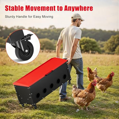 120lbs Automatic Chicken Feeder, Galvanized Steel with Wheels, 10 Feeding Ports & Weatherproof Lid, No Waste, Large Capacity Chicken Feeding Box for Hens, Ducks, Geese - color: 120lbs-Red