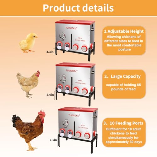 85 lbs Large Automatic Chicken Feeder - 10-Port No-Waste Dispenser with Visual Window & Height-Adjustable Legs - Rodent/Goat Proof, All-Weather Heavy-Duty Galvanized Metal Design for Outdoor Poultry