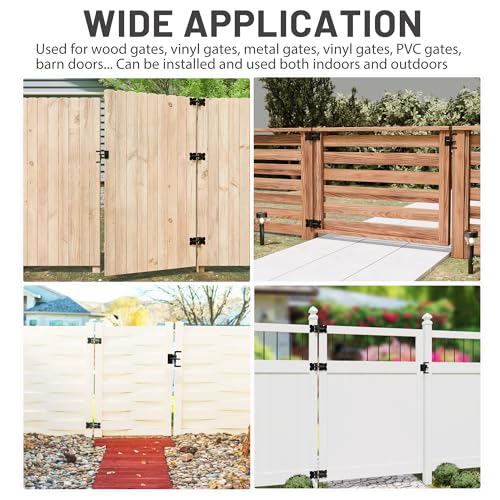Self Closing Gate Hinge and Latch, Heavy Duty Self Locking Gate Hardware Kit for Wooden/Vinyl/PVC Fence Gate, Adjustable Gate Hinges and Post Mount Gate Latch, 2 Gate Latch 4 Gate Hinges