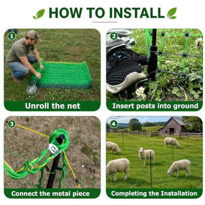 Electric Fence Netting, 164'L x 42.5" H Electric Fence Kit for Livestock, Goat, 14 Posts Double Spiked Portable Electric Poultry Farm Fence - size: 164'L x 42.5" H