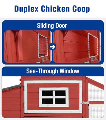 Chicken Coop with Run and Wheels Outdoor Poultry Hen House with Slide-Out Tray Chicken Cage Weatherproof Roof Predator-Proof for Backyard Red - color: 72.3"L Red & White
