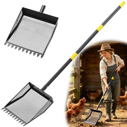Chicken Poop Scooper & Rake, 42-84" Adjustable Chicken Scooper for Poop, Metal Sand Sifting Litter Shovel for Chicken & Goat Coop, Black