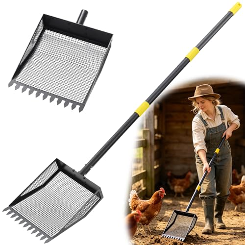 Ihomepark Chicken Poop Scooper & Rake, 42-84" Adjustable Chicken Coop Shovel, 2-in-1 Heavy Duty Iron Sand Sifting Litter Rake for Chicken Coop, Goat, Cat Litter & Barn Yard Waste