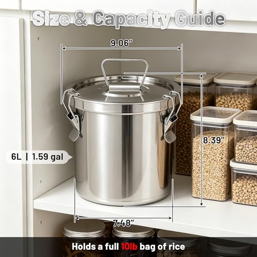 304 Stainless Steel Airtight Food Storage Container, 6L/1.59Gal Large Canister with Lock Clips & Lid, Heavy Duty Metal Bucket for Rice, Flour, Grain, Coffee Beans, Kitchen Pantry Jar - size: 6L