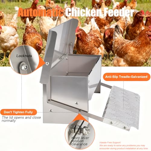 Chicken Feeder No Waste Rat Proof Automatic Treadle Feeder 15 Lbs | Poultry Feeder,Stainless Steel Material,Heavy Duty,With Lid & Legs,Weatherproof,Rainproof,Used for Outdoor & Chicken Coop