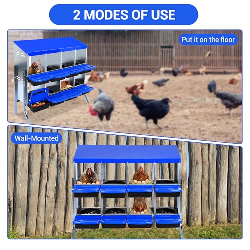 Chicken Nesting Box 8-Hole Roll Away Egg Laying Box with Lid & Stand, Galvanized Steel Rustproof Poultry Coop Box, Easy Clean, Wall Mountable No Bracket Needed for Hens, Blue - color: Blue, size: 8 holes with legs
