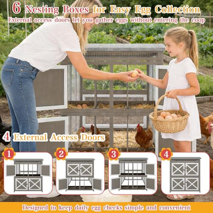 Ketive 93.6"L Outdoor Large Chicken Coop with Run for 6–8 Chickens, Wooden Hen House with 6 Nesting Boxes, 4 Lockable Egg Doors,Asphalt Roof,Waterproof Oxford Run Cover Chicken Hutch for Backyard Lawn
