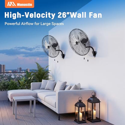 26 Inch Industrial Wall Mount Fan, Heavy Duty High Velocity Oscillating Wall Fan with 3 Speeds, 360° Adjustable Tilt Wall Mounted Fan for Garage, Workshop, Warehouse, Patio, Commercial and Home - size: 26 INCH