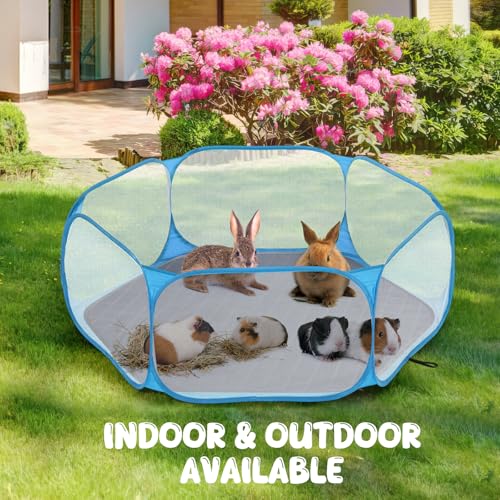 Pawaboo Small Animals Playpen with Pad, Waterproof Small Pet Cage Tent with Reusable Pad, Portable Outdoor Yard Fence for Chick/Kitten/Puppy/Guinea Pig/Rabbits/Chinchillas, Blue+Gray - color: Blue+Gray