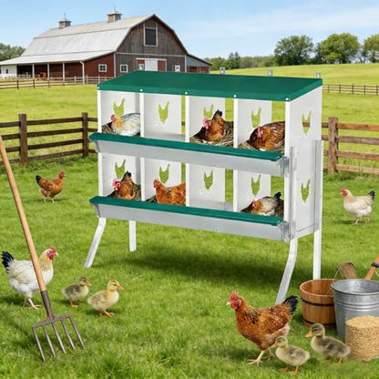 Garvee Large Metal Chicken Nesting Boxes for Hens, 8 Compartment Galvanized Steel Nesting Box with Legs, Includes 4 Fake Eggs & 10 Soft Nest Pads, Wall Mount or Freestanding for Coop & Farm - style: 8 Holes w/ Legs