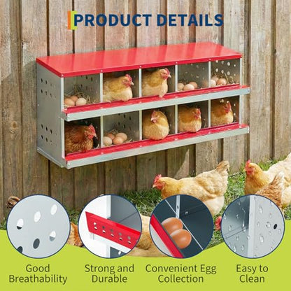 Metal Chicken Nesting Boxes - 10 Hole Wall-Mountable Laying Boxes with Flip-Top Lid & Roll-Away Egg Collection, Weatherproof Galvanized Steel, Includes 10 Fake Eggs for Chicken Coop, Red - color: Red, size: 10 compartment with Flip-top Egg collection box