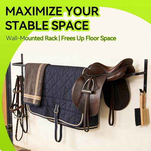 4Pcs Heavy Duty Horse Blanket Rack with Bridle Hooks, Wall Mounted Assembled Blanket Bar, Saddle Pad Rack for Horse Tack Storage, Black