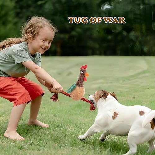Plush Chicken Dog Toy with Squeaker, Interactive Rope Legs for Small and Medium Dogs, Multicolor Tug and Fetch Chew Rooster Toy - color: Brown Rooster
