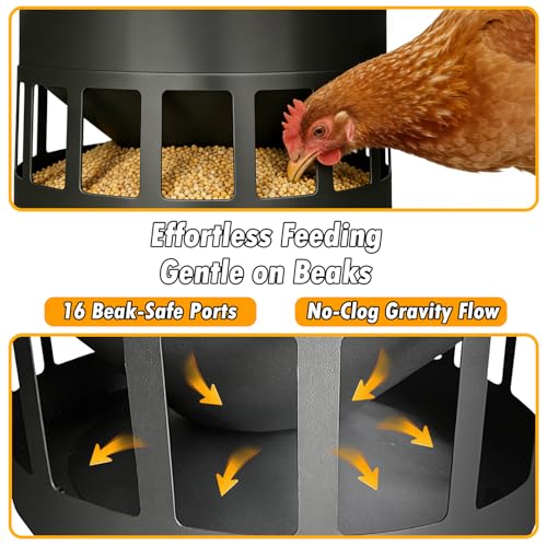 50LB Large Capacity No-Waste Chicken Feeder - Automatic Gravity Dispenser with 16 Feeding Ports, Spill-Control Design, Rust-Proof Powder Coated Metal Poultry Feeder for Coop & Outdoors