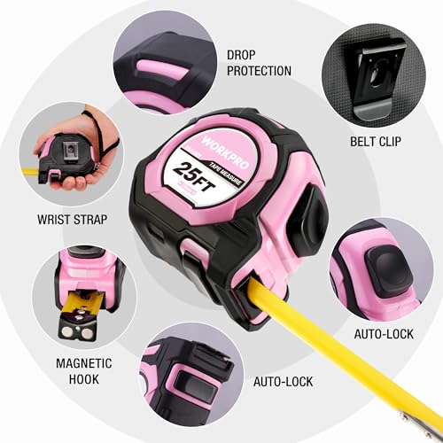 WORKPRO Pink Auto-Lock Tape Measure, 25FT 1/8 Fractions Easy Read Measuring Tape, Double Retract Measurement Tape Accuracy 1/32 for Engineer,with Magnetic Hook, Rubber Protective Casing - Pink Ribbon - color: Pink