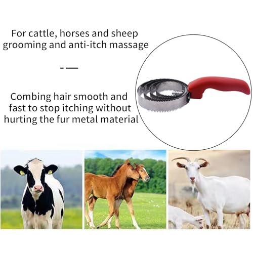 RUIAN Curry Comb Reversible Stainless Steel Curry Comb with Soft Touch Grip Multifunctional Stainless Steel Fine Tooth Pet Horse Grooming, Red