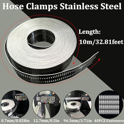 Hose Clamps Stainless Steel, Hose Clamp Assortment Kit, 32.81FT DIY Large Adjustable Worm Gear Metal Clamps Fuel Line Clamp with 40 Fasteners for Plumbing, Water Pipe, Radiator, Automotive, Mechanical - size: 2 Set - 10 m Metal Strap + 40 Fasteners