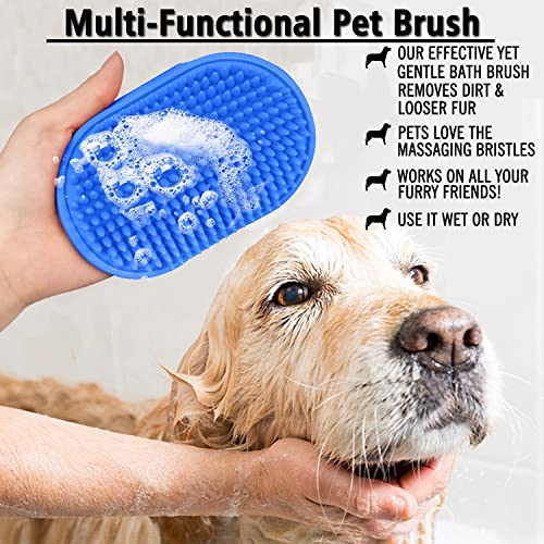 Dog Grooming Brush, Pet Shampoo Bath Brush Shedding Soothing Massage Rubber Comb with Adjustable Ring Handle for Long Short Haired Dogs and Cats 2pcs - color: Blue & Yellow