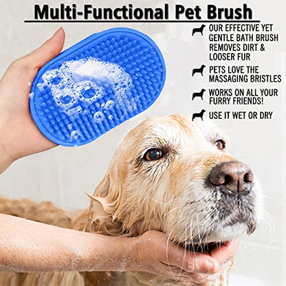 Dog Grooming Brush, Pet Shampoo Bath Brush Shedding Soothing Massage Rubber Comb with Adjustable Ring Handle for Long Short Haired Dogs and Cats 2pcs - color: Blue & Yellow