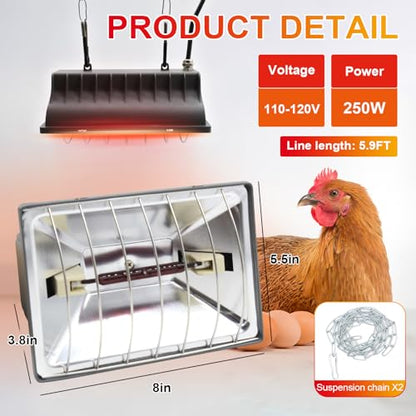 Chicken Coop Heater Lamp 250W Winter Hanging Heat Lamp for Chickens Incubators Temperature Adjustable Chicken Brooder Heating Heaters for Dog Kennel Poultry House