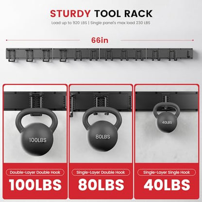 66" Heavy Duty Wall Mounted Garage Tool Organizer – 4 Panels & 12 Adjustable Hooks, 920 lbs Load Capacity, Modular Storage for Efficient Tool Organization, Easy Install in Garage, Garden, 18 Pack - size: 66in | 4Panels + 12Hooks