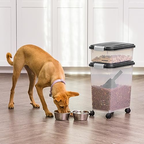 IRIS USA Dog Food Storage Container 30 lb + 11lb Airtight Combo, Stackable Pet Food Storage Bin with Wheels for Cat Dog Food, BPA Free, Made in USA, Black - color: Black