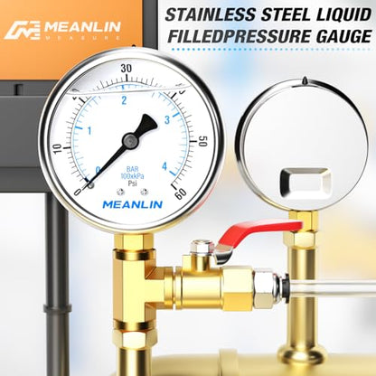 MEANLIN MEASURE 0~60Psi Stainless Steel 1/4" NPT 2.5" FACE DIAL Liquid Filled Pressure Gauge, Pool Sand Filter Pressure Test Lower Mount, with 1/2" NPT and 3/8" NPT Hex Bushing - size: 0-60Psi