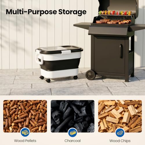 Wood Pellet Storage Container 20-25lbs, Airtight Bin with Locking Lid & Clear Window, Collapsible Pellet Bucket with Wheels, Scoop & Labels, Black & White - color: Black-M