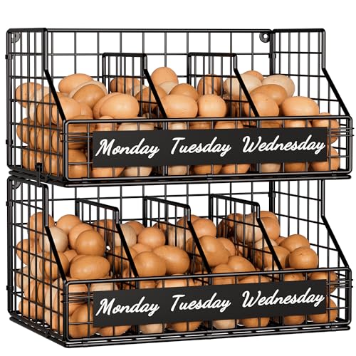 Egg Holder Countertop, 2 Tier Stackable Egg Basket with Dividers & Labels, Wall Mounted & Countertop Egg Organizer for Gathering Fresh Eggs, Kitchen Pantry Storage, Black - color: Black, size: 2-Tier（with printed labels）