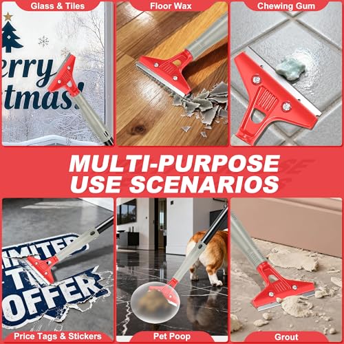 Floor Scraper Long Handle Heavy Duty (30"-58" Adjustable), 4 Inch Razor Blade Scraper Tool for Cleaning Floor Wall Glass Tile Paint Sticker Gum, 10 Extra Blades