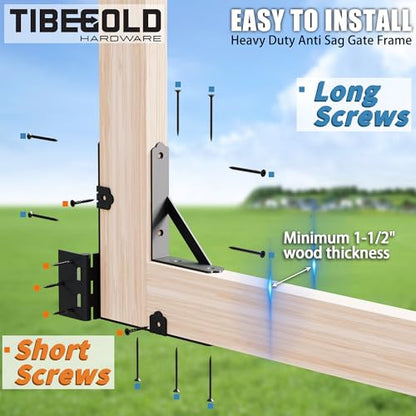 Anti Sag Gate Frame Kit, Heavy Duty Gate Corner Brace Brackets, Gate Hardware Kit with Self-Locking Gate Latch for Outdoor Wooden Fences, Driveway Gates, Shed Doors, Corral, Black, 1 Set