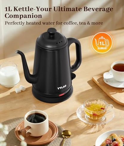 Gooseneck Electric Kettle 1L, 1000W Fast Boiling for Pour-Over Coffee & Tea, 304 Stainless Steel BPA-Free, Precise Flow Spout, Auto Shut-Off & Boil-Dry Protection, Retro Style (Black) - color: Black