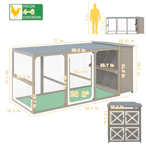 Large Chicken Coop with Run, Chicken Run with Waterproof Cover, Large Poultry Cage for Yard Farm Backyard Hen House, Duck Coop and Rabbit Run with Nesting Boxes, for 4-6 Chickens - size: 92.5"L x 37.4"W x 41.3"H