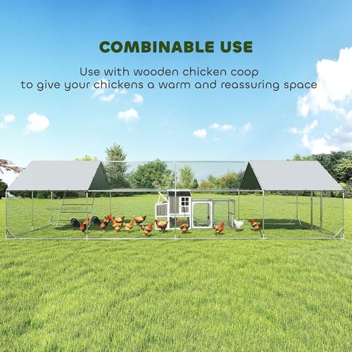 PawHut Large Metal Chicken Coop, Walk in Chicken Run with Waterproof & Anti-UV Cover, Feeding Door, Hanging Feeder, Perch, Outdoor Duck Cage Rabbit Hutch Pen, for 24-30 Poultries, 9.8' x 26.2' x 6.4' - size: 315.0"L x 118.1"W x 76.8"H