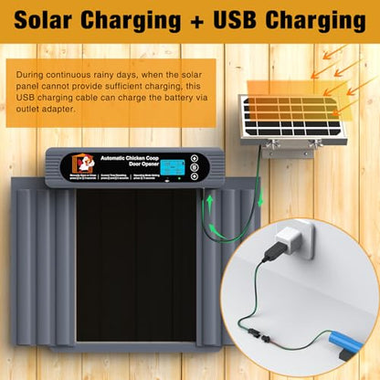 Automatic Chicken Coop Door, Extra Large Size, Anti-Pinch Design,Programmable Timer & Light Sensor Modes, Large LCD Display, Solar Powered Auto Chicken Door Opener with Remote Control（50-100m）