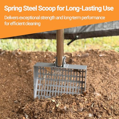 Chicken Poop Scooper Spring Steel Sifting Shovel with 3 Adjustable Angle, 38-66in Extendable Stainless Steel Handle, Professional Poultry Litter Cleaner for Chicken Coop, Duck, Goat & Sand - size: 9" W x 2.5" D